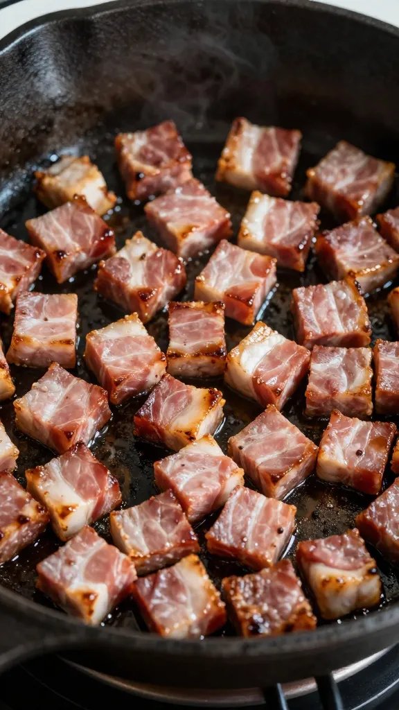 sizzling pancetta cubes in cast-iron, rendered fat glistening