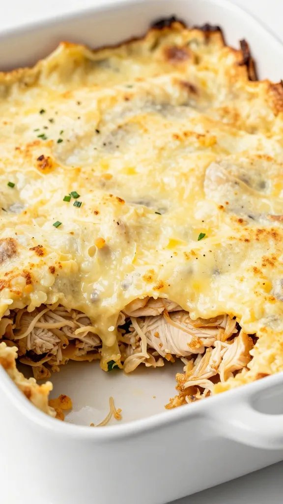 closeup keto chicken parm casserole in white baking dish