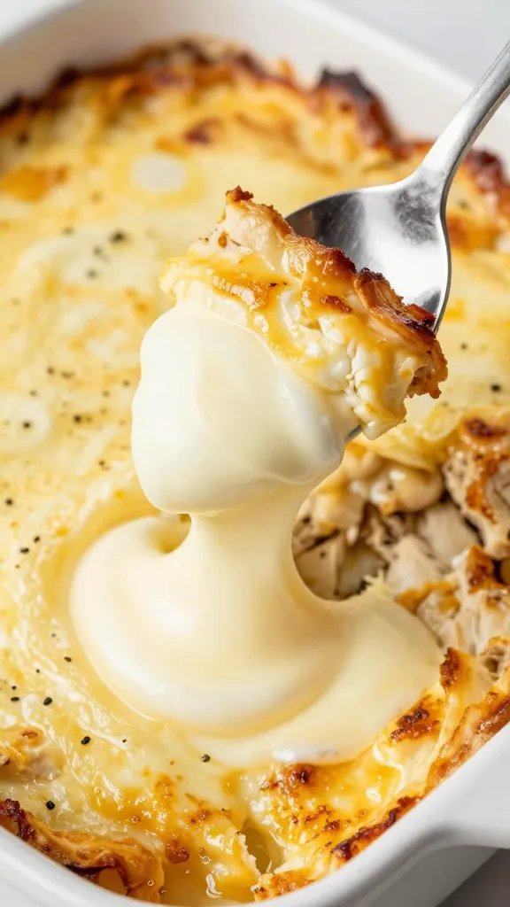 spoon lifting melty mozzarella from keto chicken parm casserole