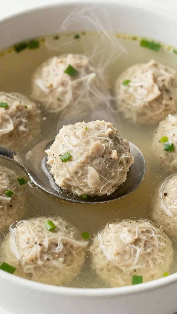 closeup bowl of Italian keto meatball soup, steam rising