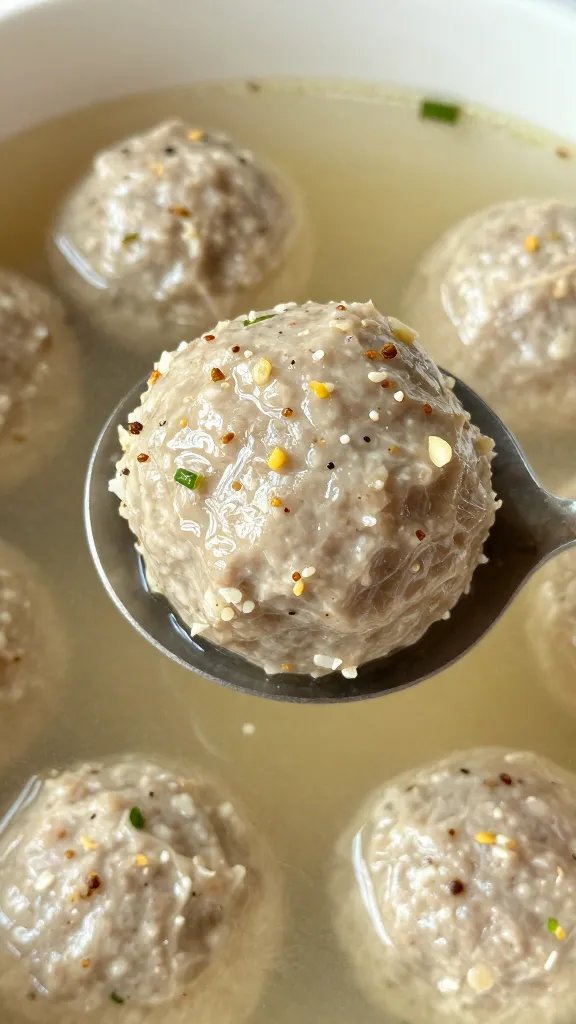 single garlicky beef-pork meatball on spoon over broth