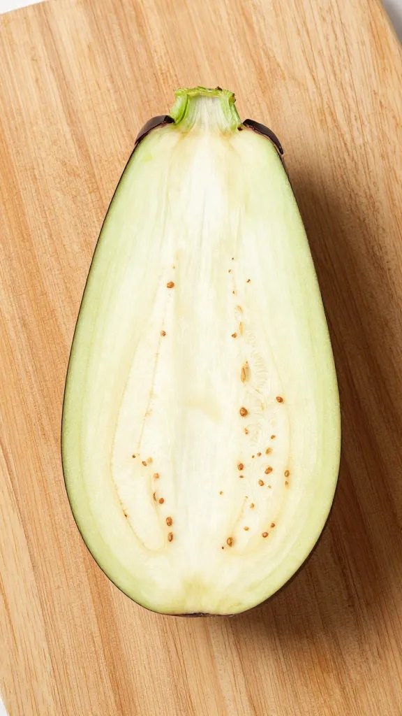 single sliced eggplant round on wooden cutting board