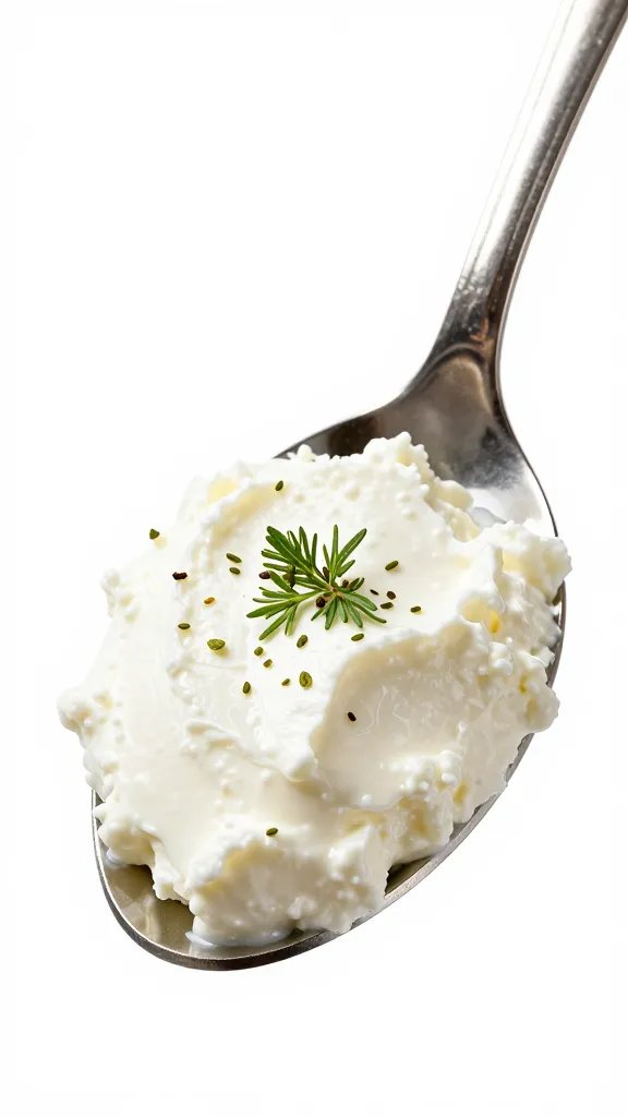 spoonful of ricotta cheese with herbs, studio closeup
