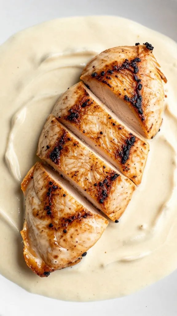 seared chicken breast slices on creamy alfredo sauce