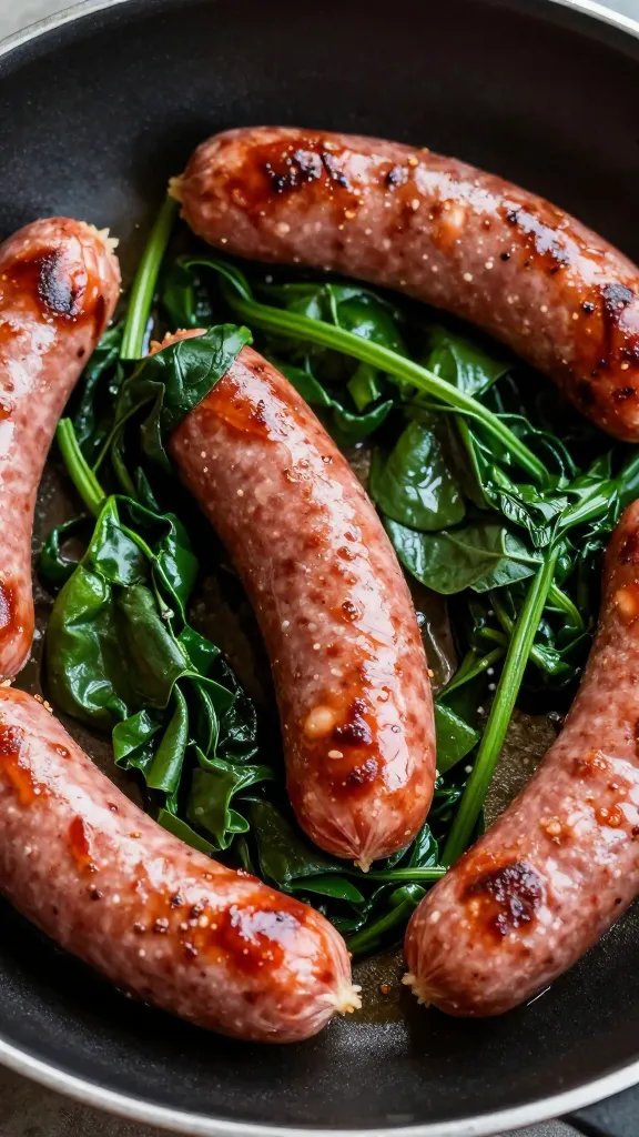 closeup skillet of keto Italian sausage and wilted spinach
