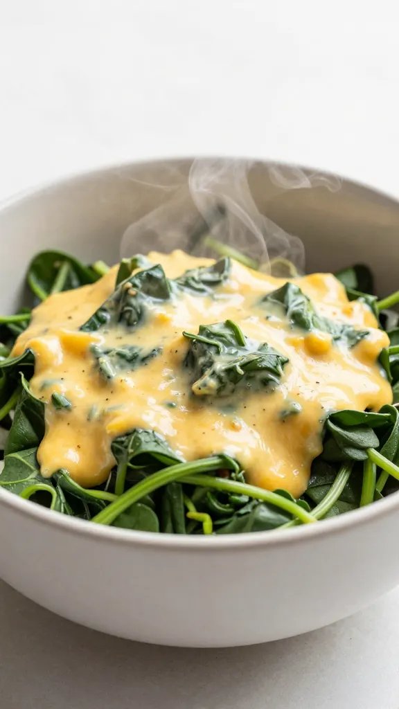 single bowl of cheesy keto sausage and spinach, steam rising