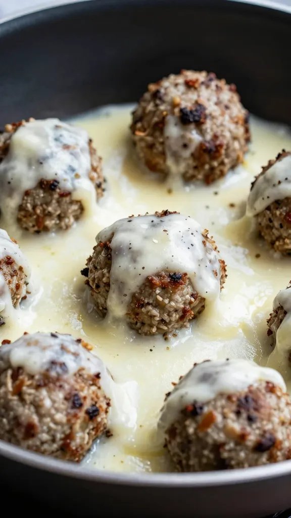 closeup skillet of caprese meatballs with melted mozzarella