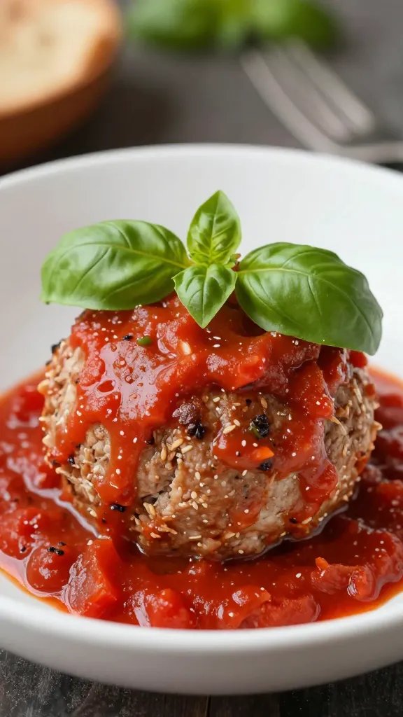 single juicy meatball topped with basil leaf and tomato sauce