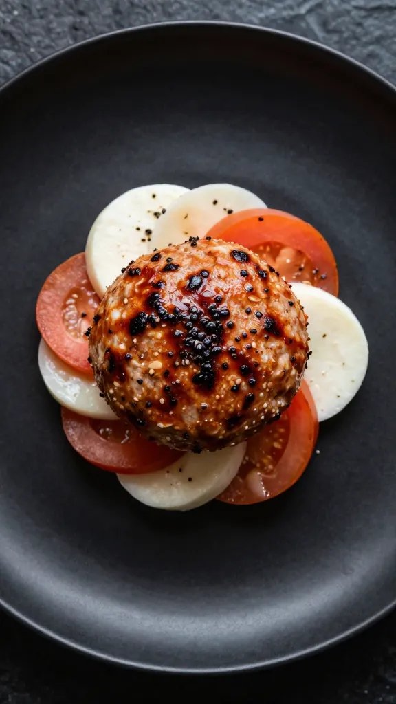 overhead shot of one low-carb caprese meatball on black plate
