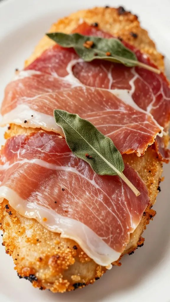 closeup of prosciutto-wrapped chicken cutlet with crisped sage