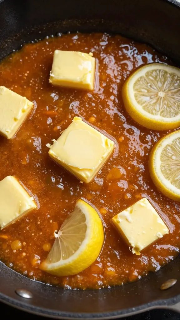 skillet pan sauce with butter and lemon, glossy closeup