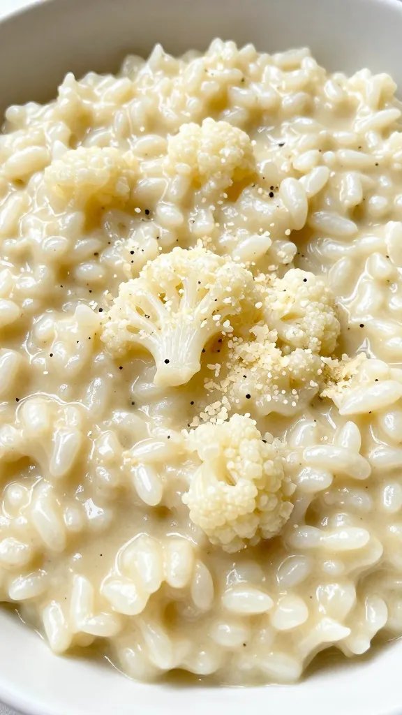 Closeup bowl of creamy cauliflower risotto with Parmesan garnish