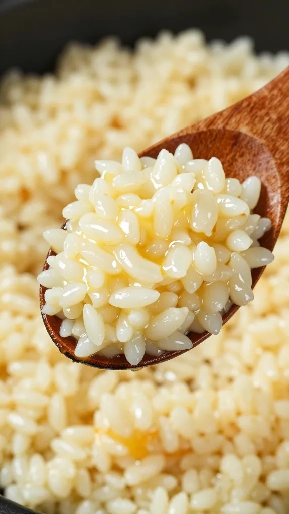 Wooden spoon scooping keto cauliflower risotto, glossy buttery sheen