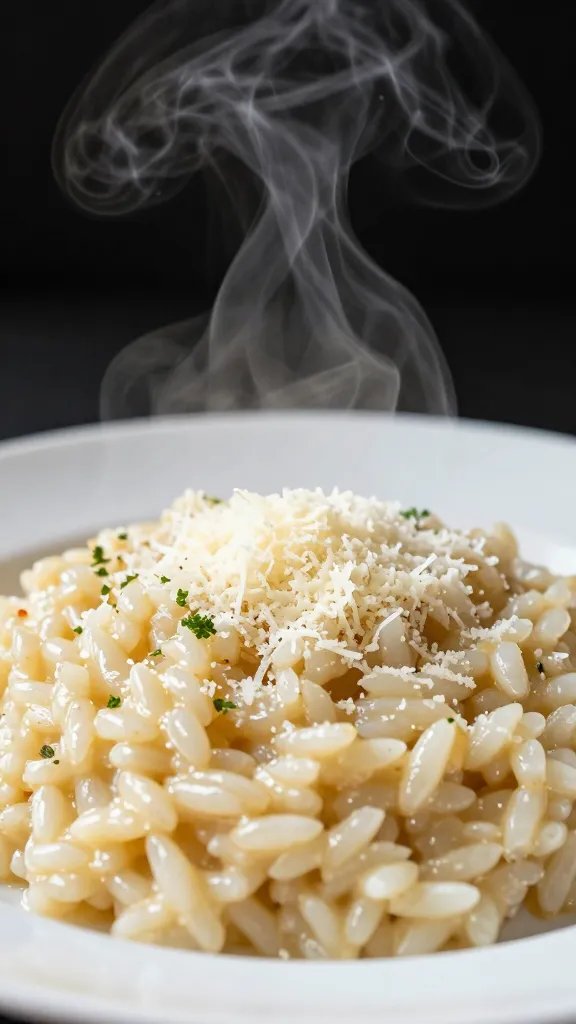 Grated Parmesan mound on risotto, steam rising, shallow depth
