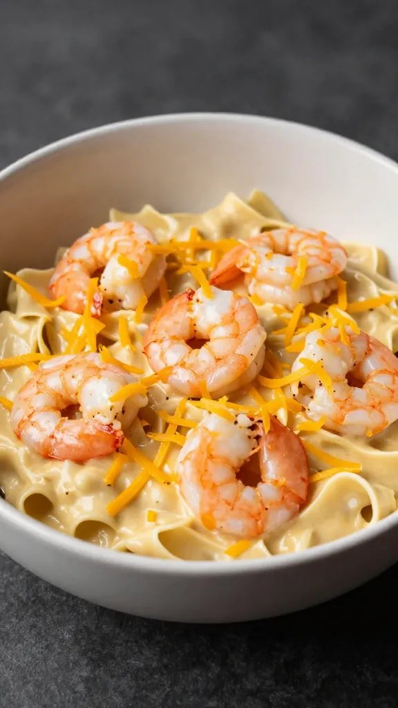 single bowl of low-carb shrimp alfredo with golden cheese