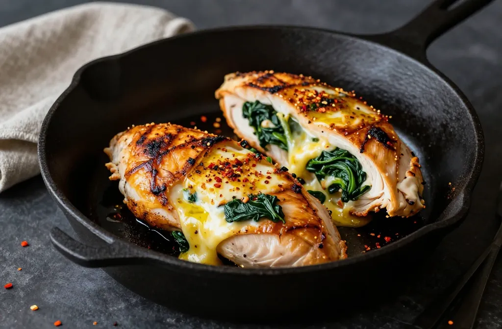 Crispy-Skilled Low-Carb Spinach and Mozzarella Stuffed Chicken