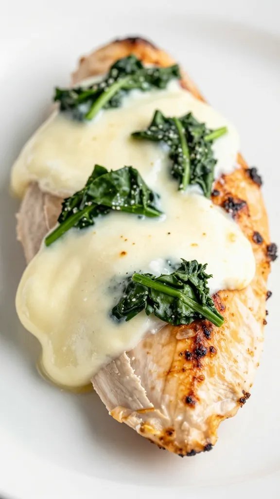 closeup stuffed chicken breast with melted mozzarella and spinach