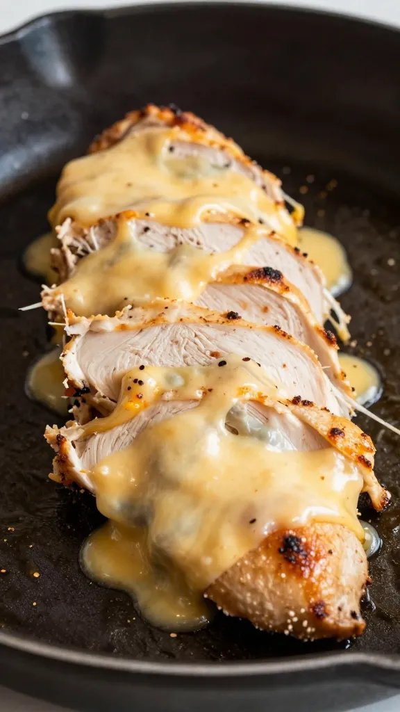 sliced stuffed chicken showing cheese stretch, on dark skillet