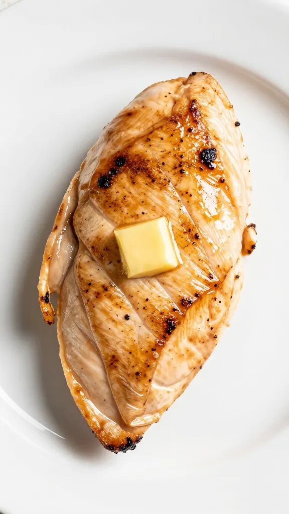 golden seared stuffed chicken breast on white plate, butter gloss
