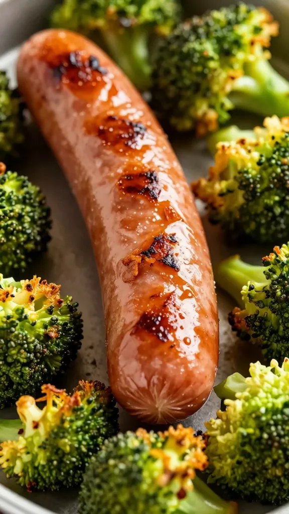 closeup sheet pan Italian sausage link with crispy roasted broccoli