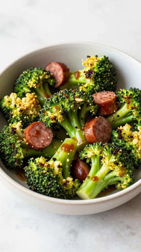 single bowl of keto roasted broccoli florets with sausage drippings