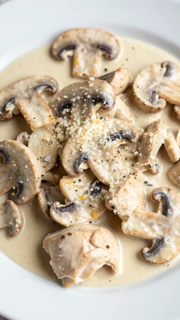 closeup plate of creamy mushroom chicken with Parmigiano shavings