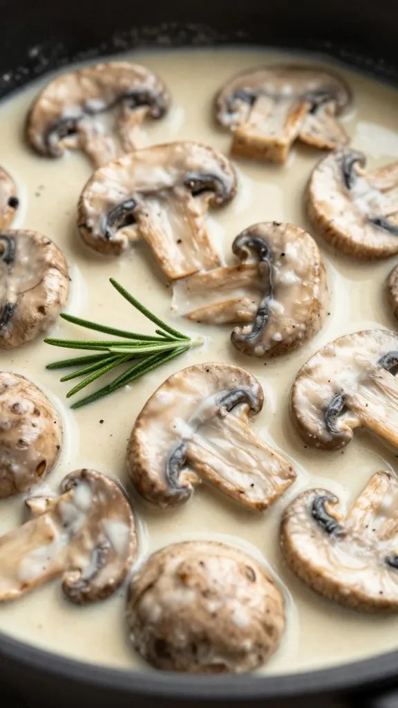 sautéed cremini mushrooms in cream sauce, rosemary garnish, macro
