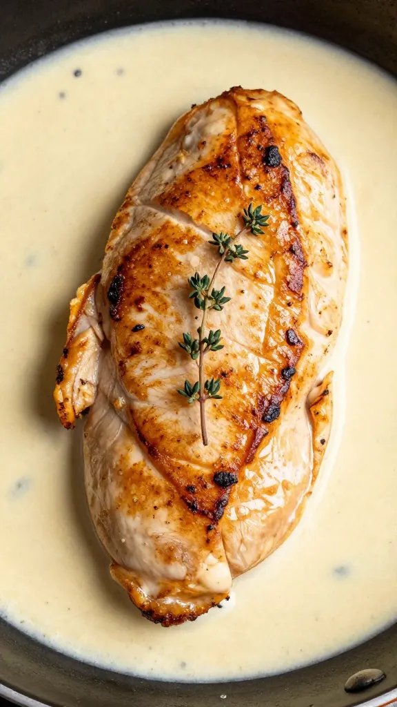 golden pan-seared chicken breast in white wine cream, thyme sprig