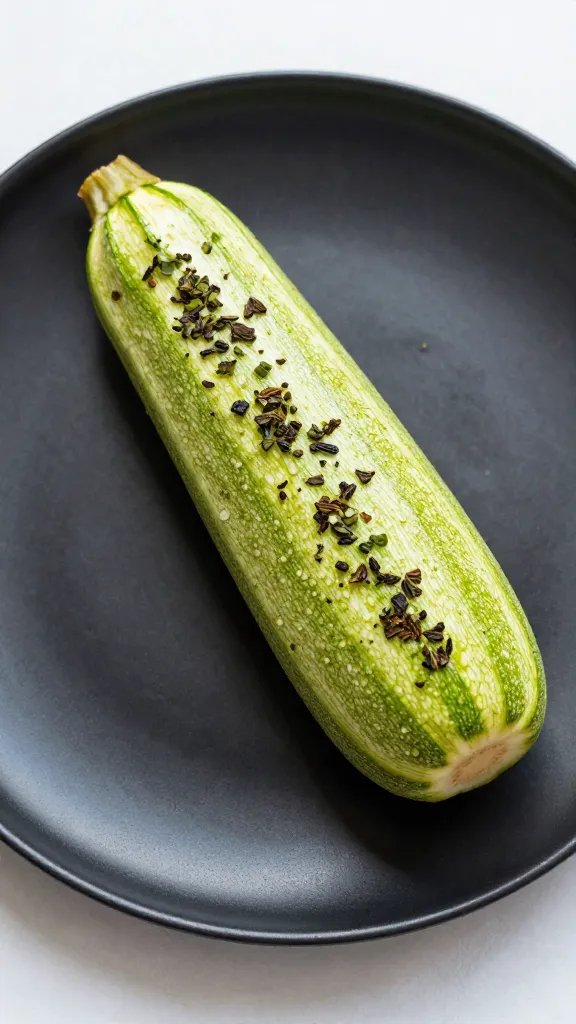 single keto garlic herb zucchini boat on matte black plate