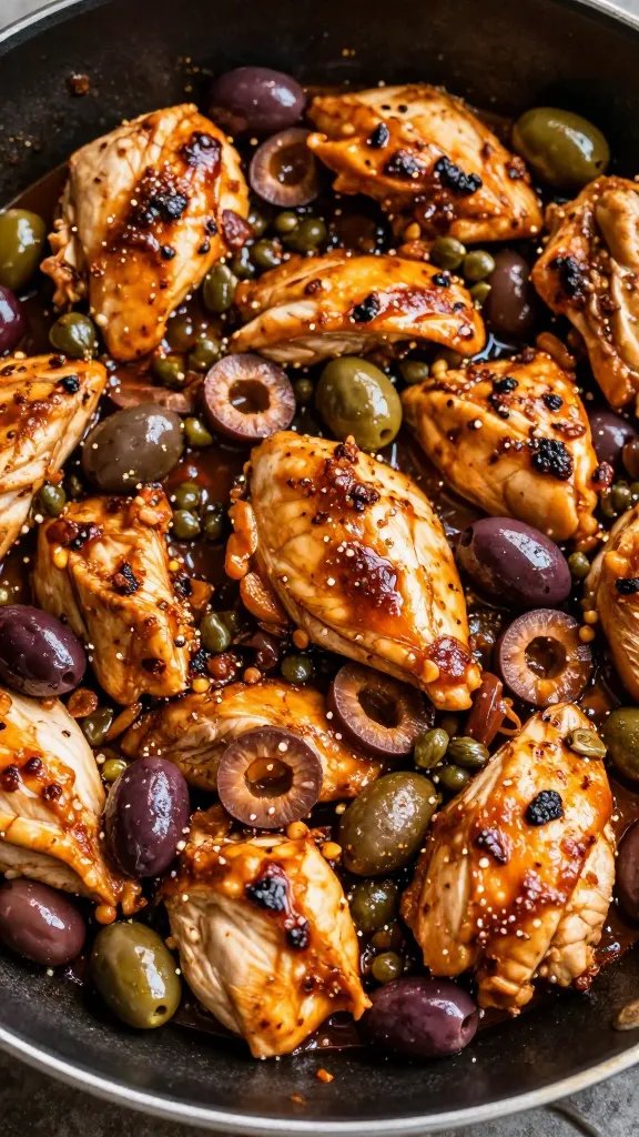 closeup skillet of chicken puttanesca, glossy olives and capers