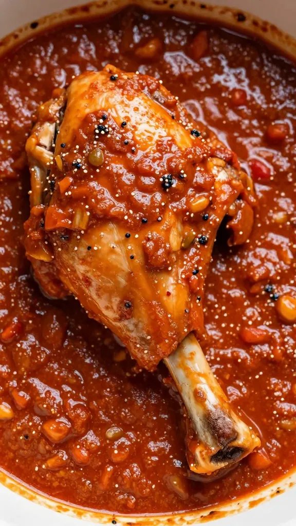 single bone-in chicken thigh smothered in puttanesca sauce