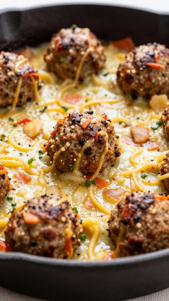 closeup of keto Italian meatball casserole in cast-iron skillet