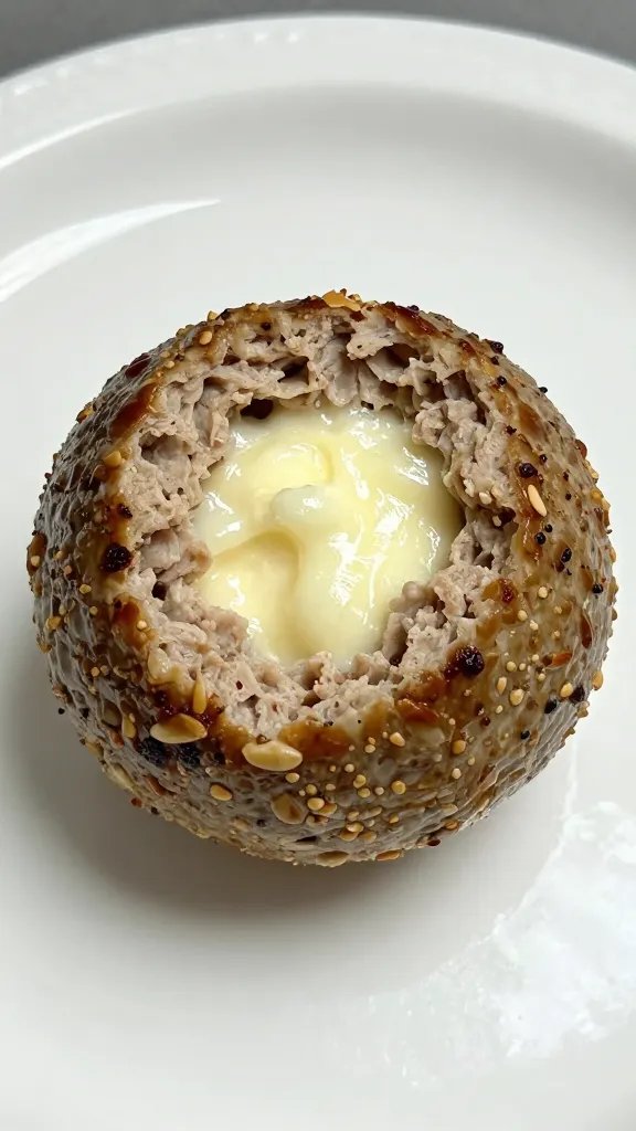 single meatball cut open, almond flour texture, melty mozzarella