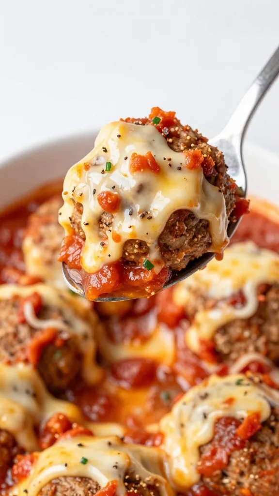 spoon lifting cheesy keto meatball from low-sugar marinara casserole