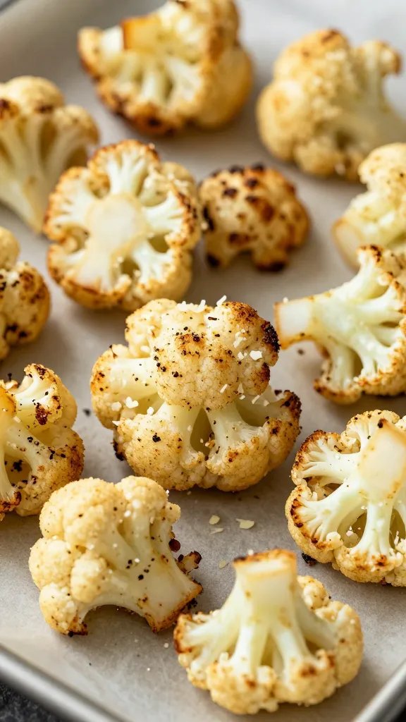 closeup roasted parmesan cauliflower florets on parchment-lined sheet
