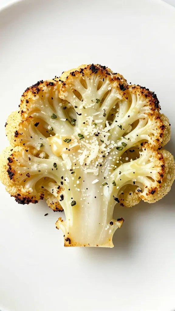 single roasted cauliflower floret with melted parmesan and herbs