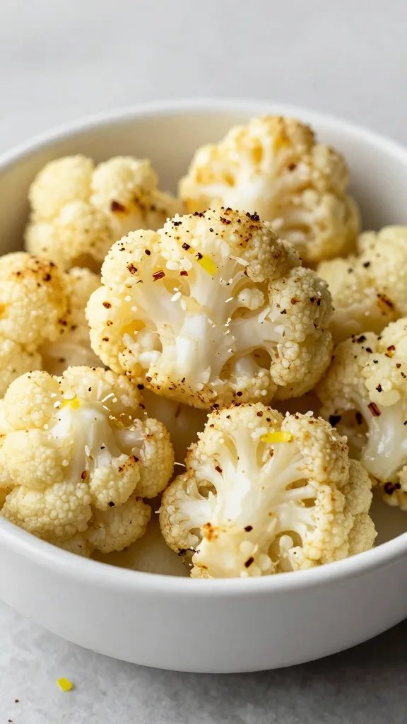 small white bowl of lemony parmesan roasted cauliflower, tight shot