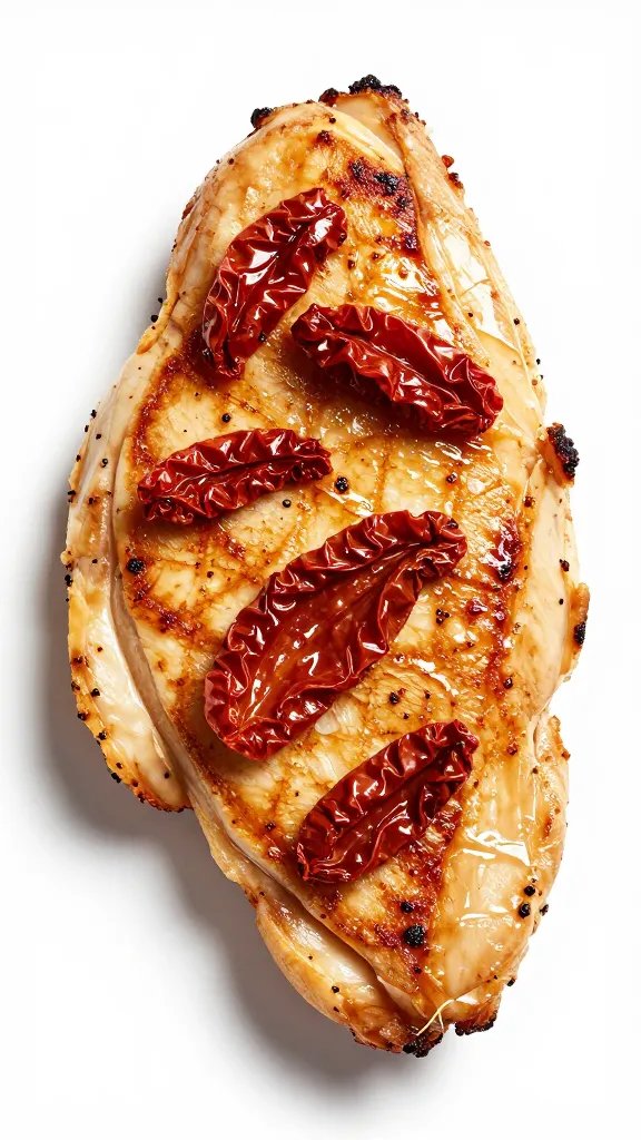 single seared chicken cutlet topped with sun-dried tomatoes