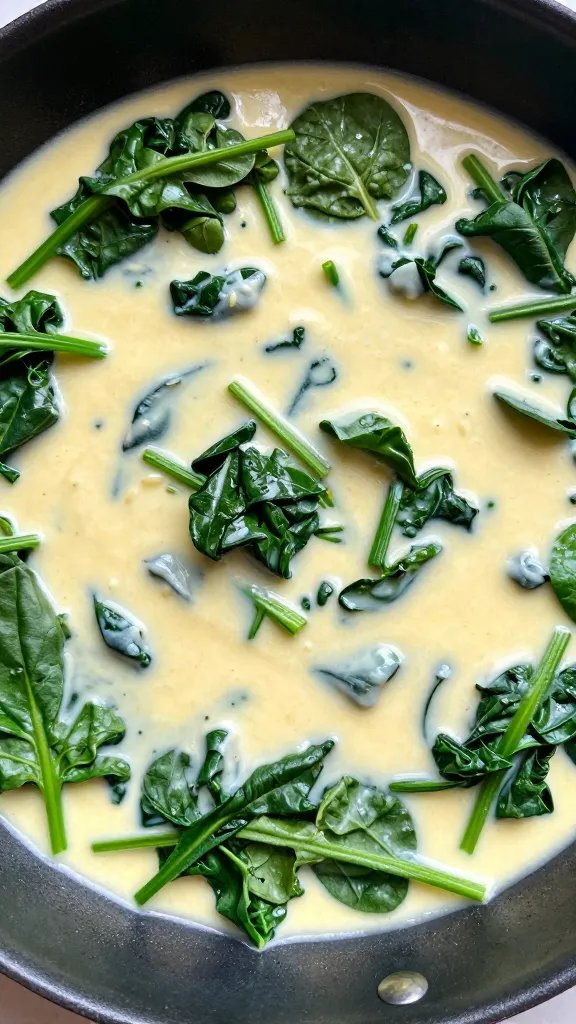 creamy garlic parmesan sauce with wilted spinach in pan
