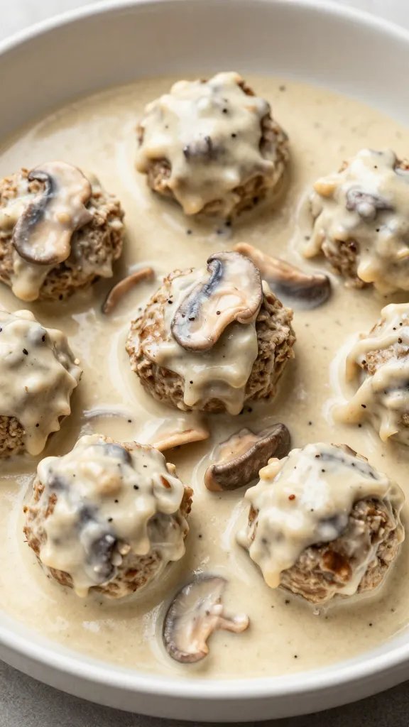closeup bowl of Italian keto meatball stroganoff, creamy mushroom sauce