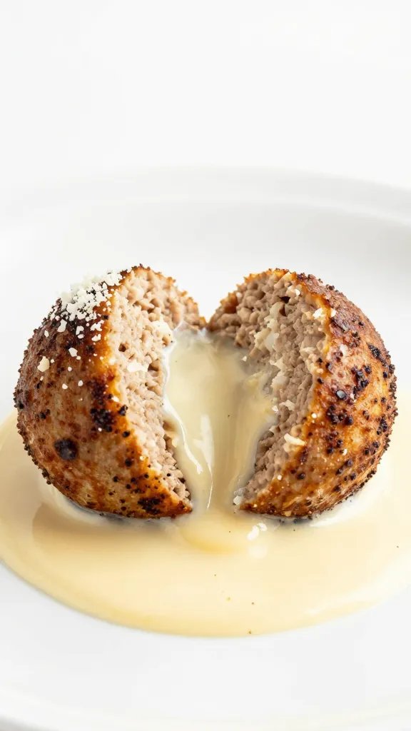 single parmesan-dusted meatball cut open, creamy sauce dripping