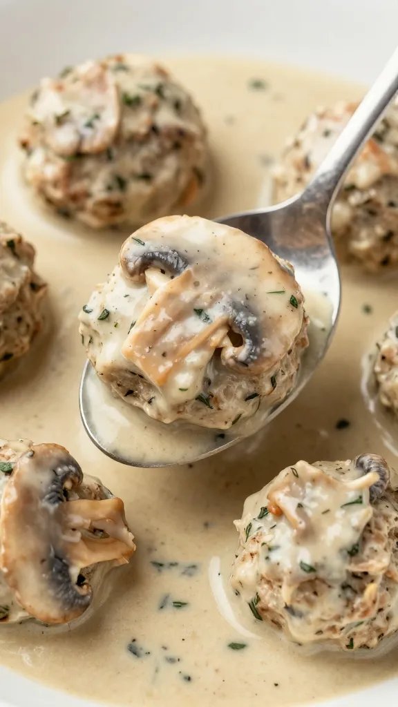 spoonful of mushroom stroganoff sauce over one herby meatball