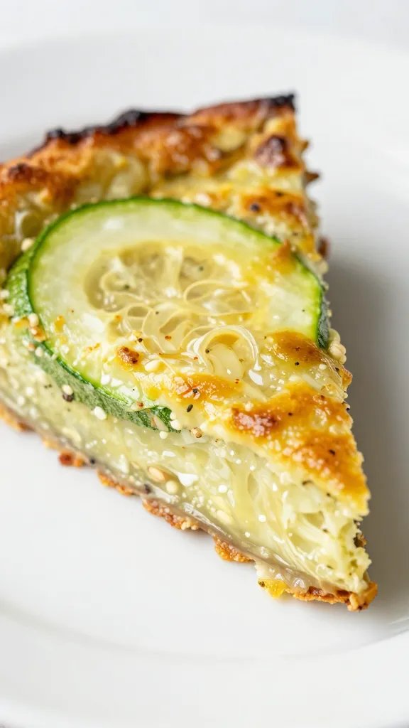 closeup slice of keto zucchini bake on white plate