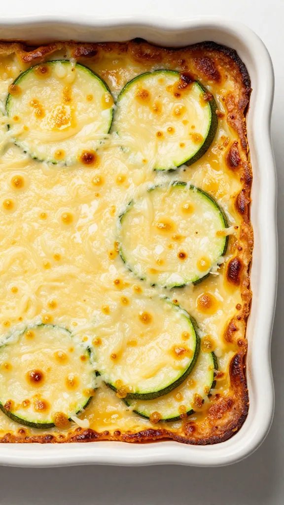 golden bubbly cheese crust on zucchini casserole corner