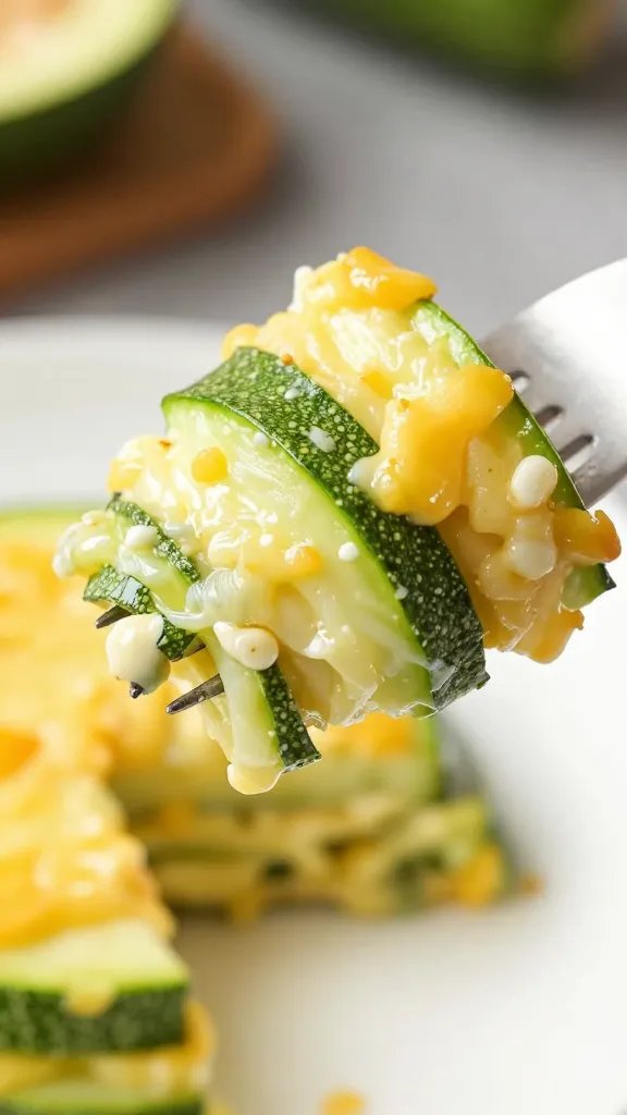 single forkful of cheesy zucchini layers, shallow depth of field
