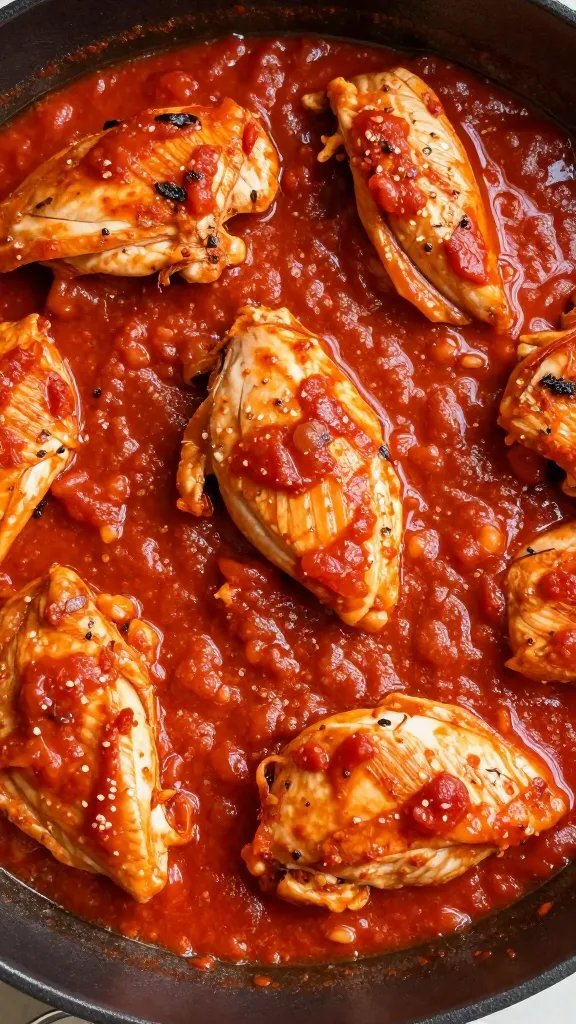 closeup skillet of low-carb chicken cacciatore, rich tomato sauce