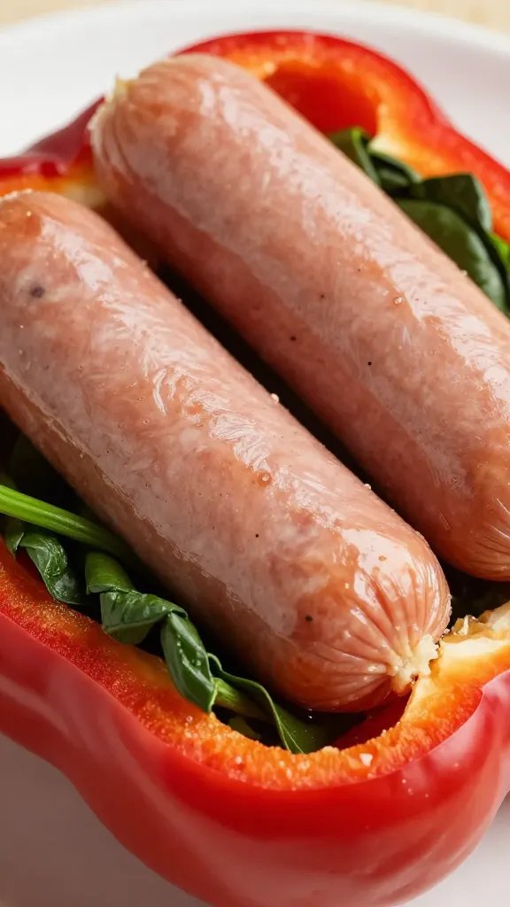 closeup of keto sausage and spinach stuffed red pepper
