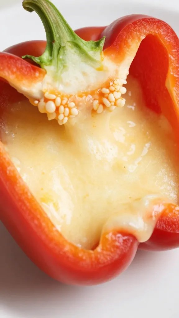 melted cheese blanket on halved bell pepper, macro shot