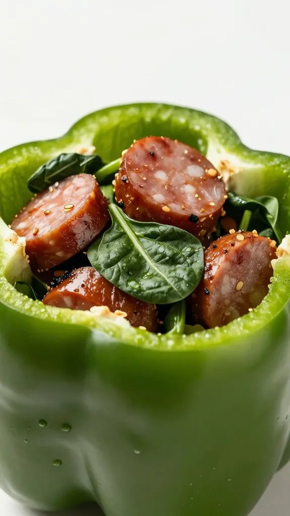 browned Italian sausage filling with spinach inside pepper, closeup