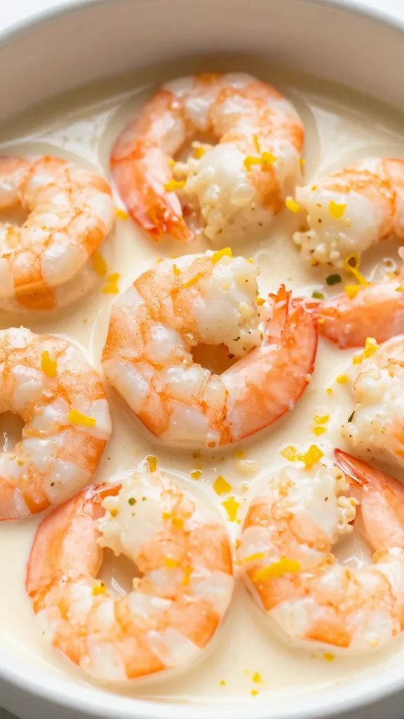 closeup bowl of creamy garlic shrimp with lemon zest